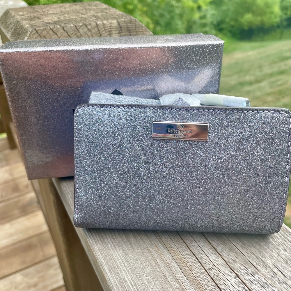 Kate Spade Silver Glitter Wallet with box.